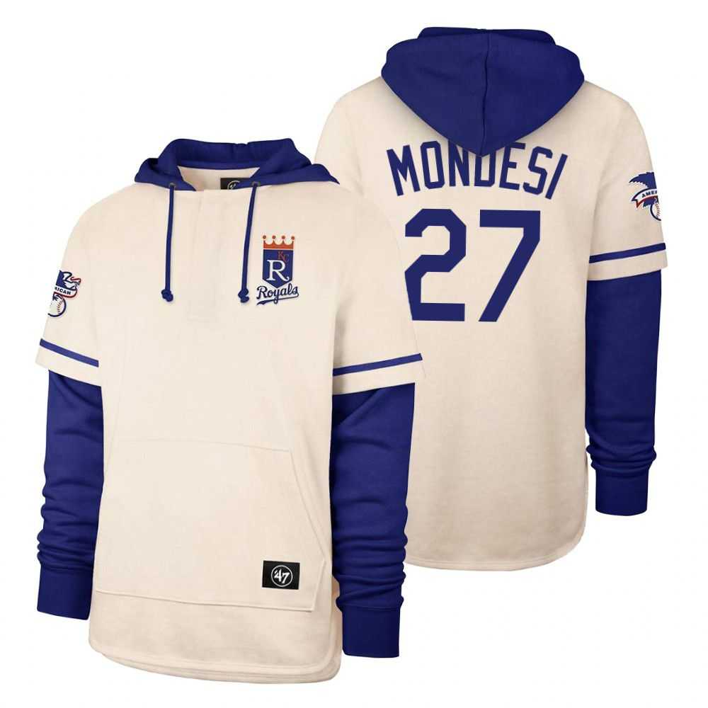 Men Kansas City Royals 27 Mondesi Cream 2021 Pullover Hoodie MLB Jersey
